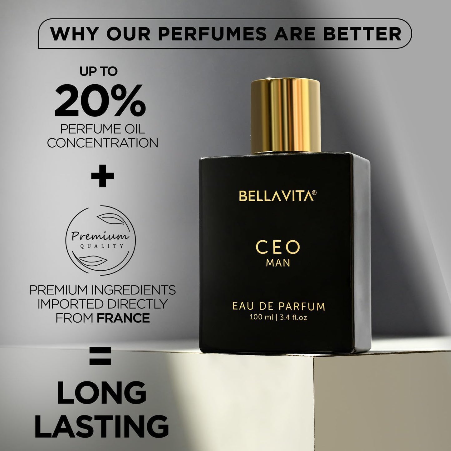 BellaVita Luxury CEO Man Eau De Parfum | Perfume for Men with Lemon, Lavender, Tonka, Mandarin & Vetiver | Long-Lasting Woody Fragrance | Mens Perfume, Fresh Fragrance for Man, Gift for Men,100 ml