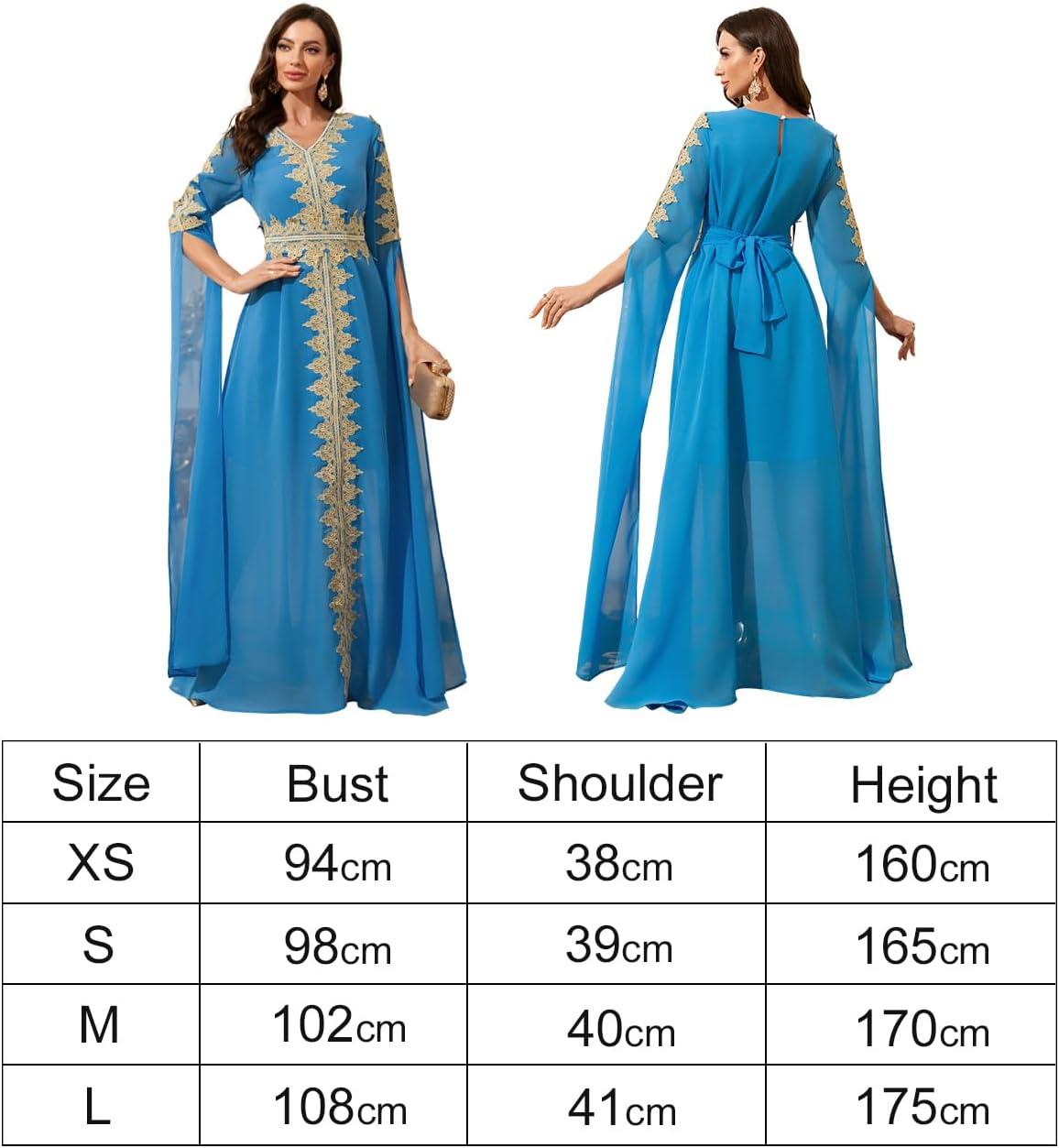 Elegant Moroccan Kaftan Evening Dress, Blue with Gold Embroidery, Long Cape Sleeves, Floor Length