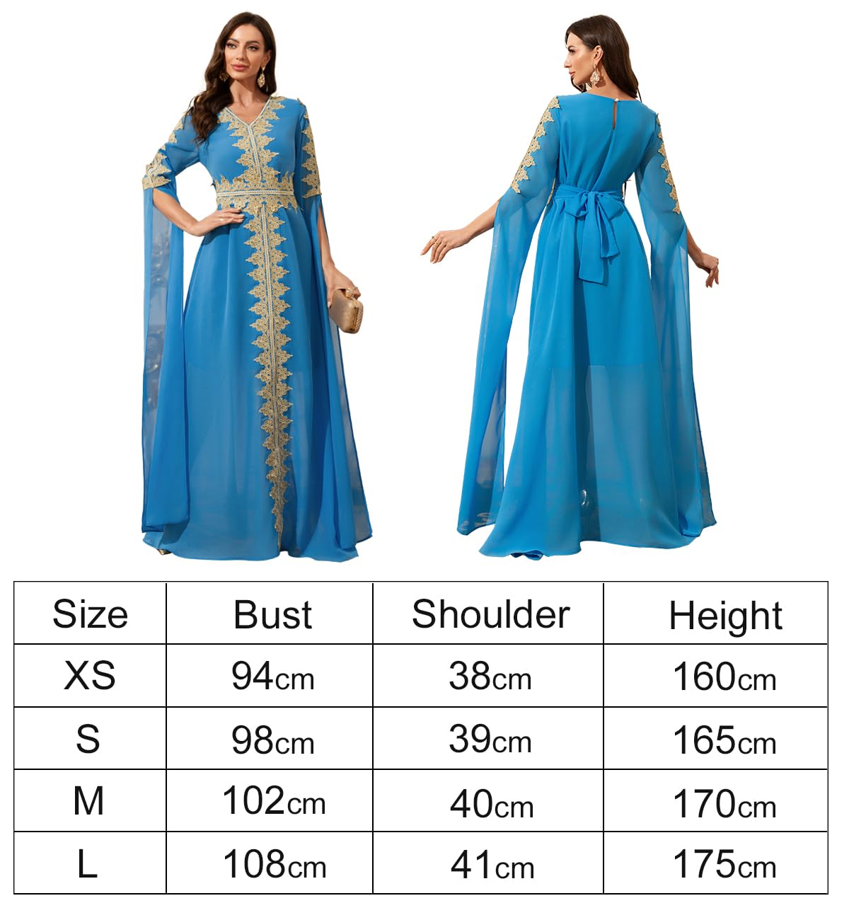 Elegant Moroccan Kaftan Evening Dress, Blue with Gold Embroidery, Long Cape Sleeves, Floor Length