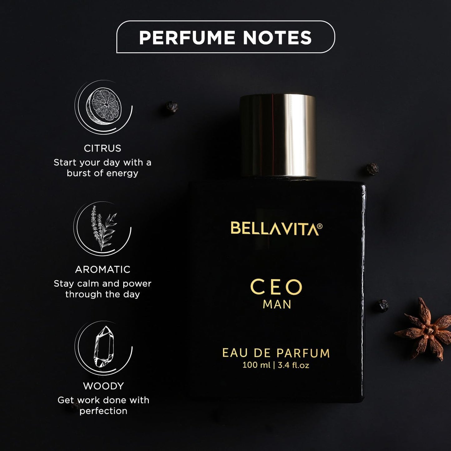 BellaVita Luxury CEO Man Eau De Parfum | Perfume for Men with Lemon, Lavender, Tonka, Mandarin & Vetiver | Long-Lasting Woody Fragrance | Mens Perfume, Fresh Fragrance for Man, Gift for Men,100 ml