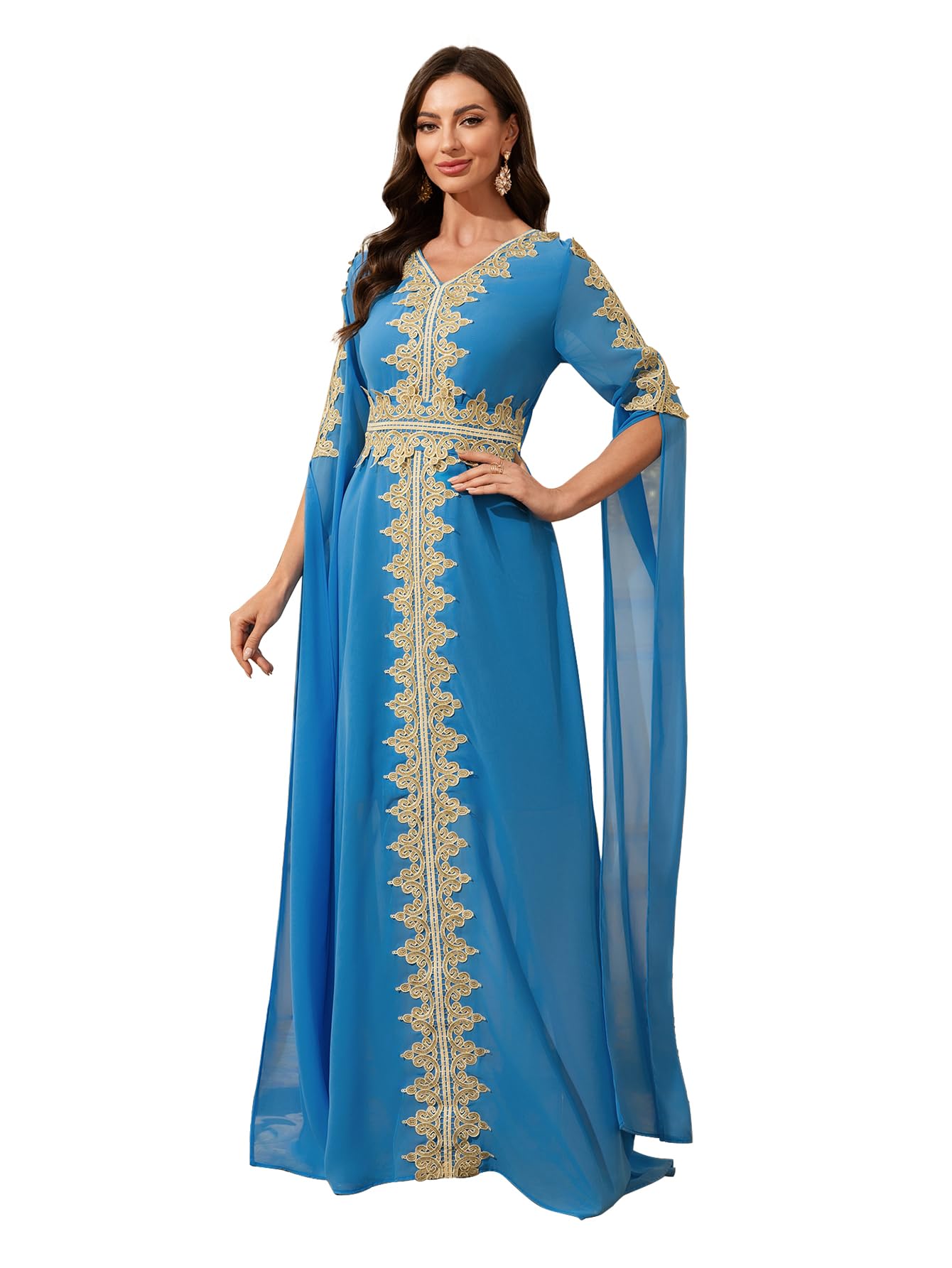 Elegant Moroccan Kaftan Evening Dress, Blue with Gold Embroidery, Long Cape Sleeves, Floor Length