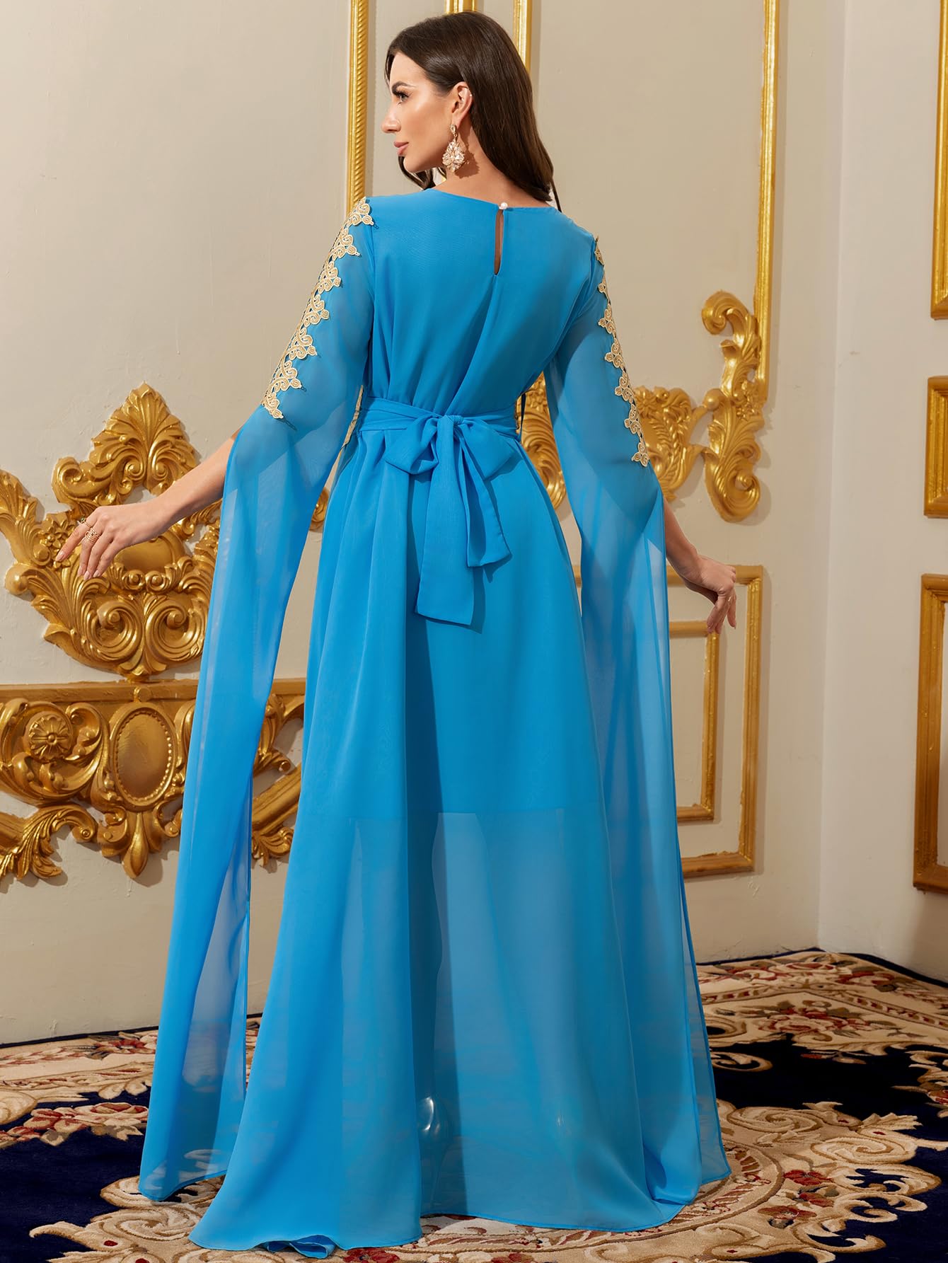 Elegant Moroccan Kaftan Evening Dress, Blue with Gold Embroidery, Long Cape Sleeves, Floor Length