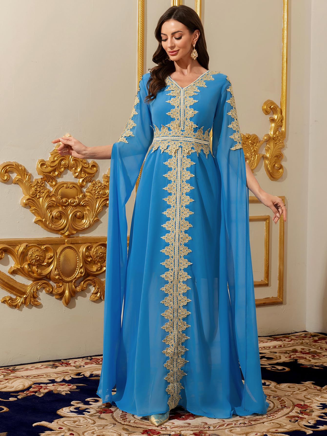 Elegant Moroccan Kaftan Evening Dress, Blue with Gold Embroidery, Long Cape Sleeves, Floor Length