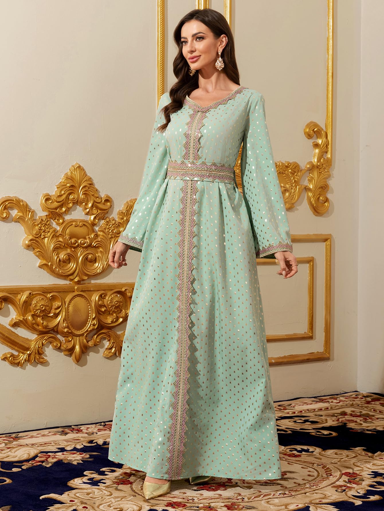 Elegant Long Maxi Dress, Mint Green with Gold Polka Dots, Embroidered Trim, Long Sleeves