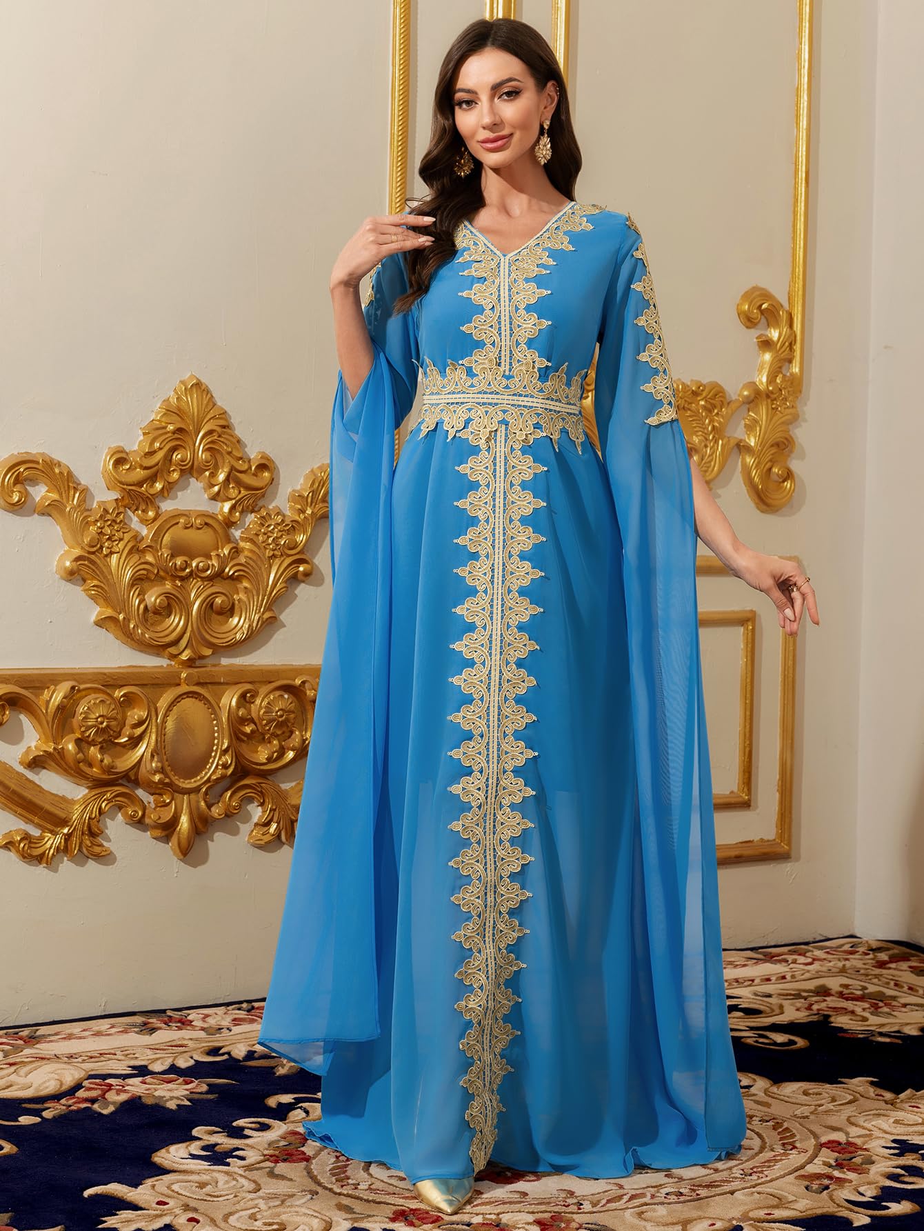 Elegant Moroccan Kaftan Evening Dress, Blue with Gold Embroidery, Long Cape Sleeves, Floor Length