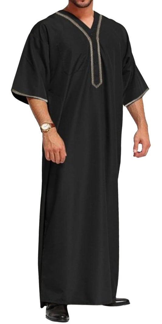KEOYA Men's Short Sleeve Robe V-Neck Loose Solid Kaftan with Chest Pocket Side Split Abaya Long Gown Thobe