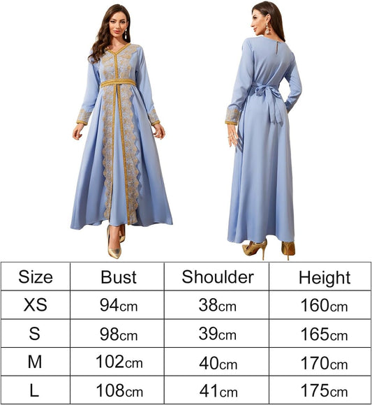 Elegant Long Sleeve Maxi Dress, Light Blue with Gold Embroidery, V-Neck Traditional Muslim Kaftan