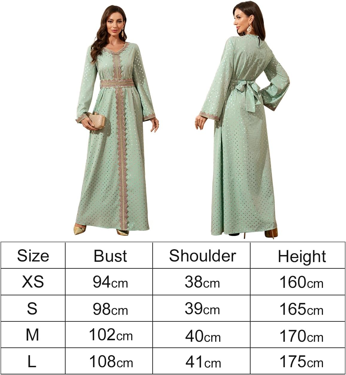 Elegant Long Maxi Dress, Mint Green with Gold Polka Dots, Embroidered Trim, Long Sleeves