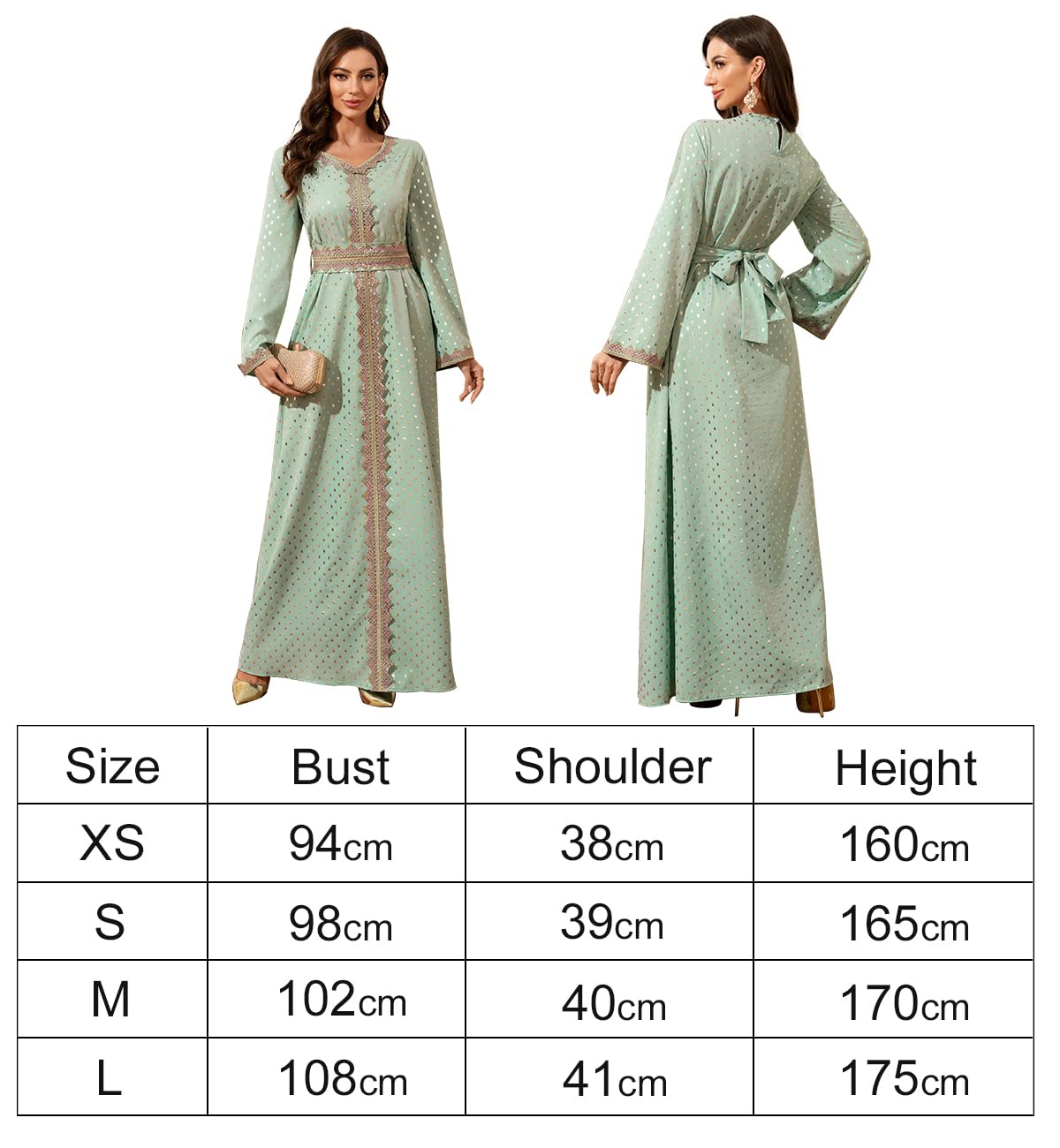 Elegant Long Maxi Dress, Mint Green with Gold Polka Dots, Embroidered Trim, Long Sleeves