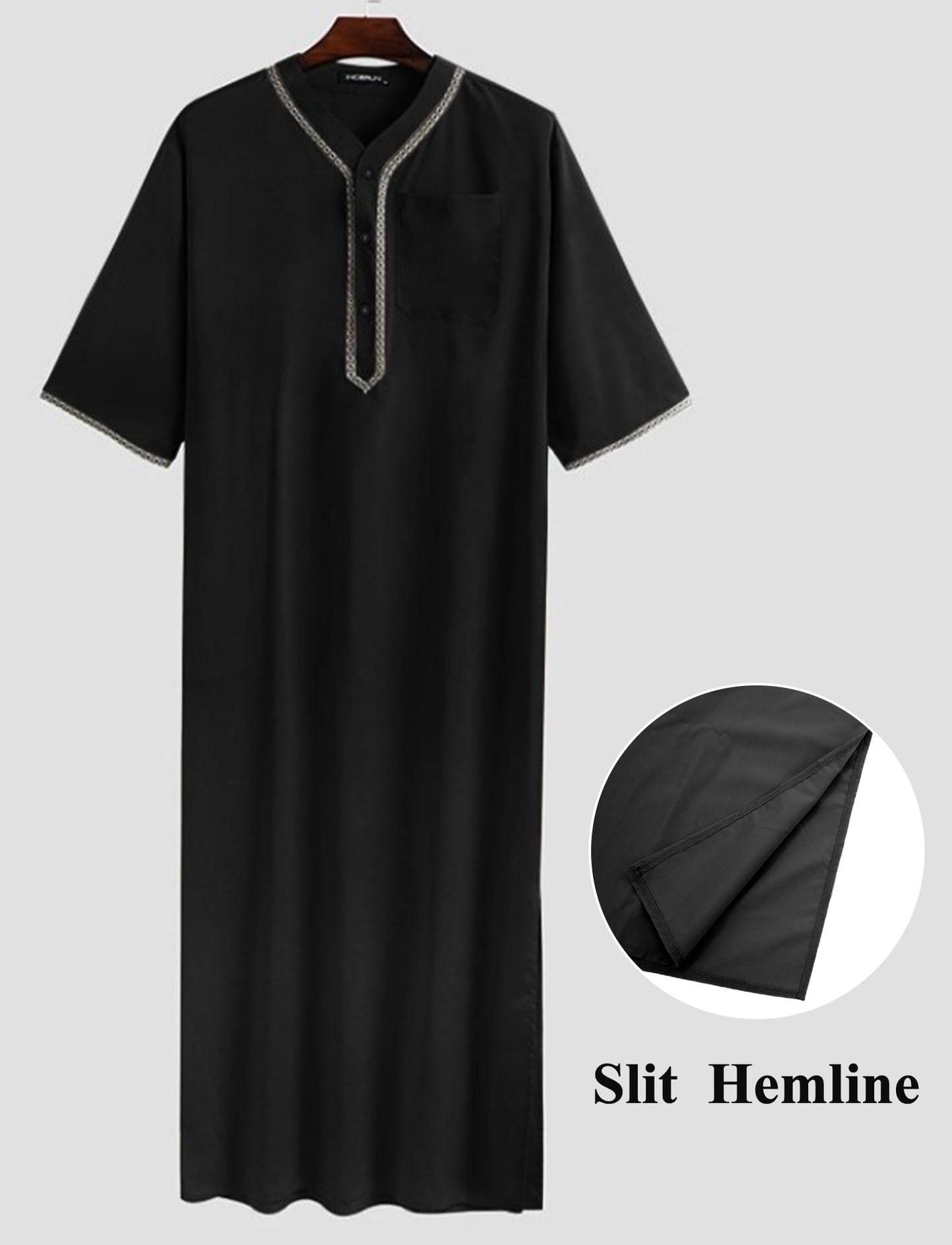 KEOYA Men's Short Sleeve Robe V-Neck Loose Solid Kaftan with Chest Pocket Side Split Abaya Long Gown Thobe