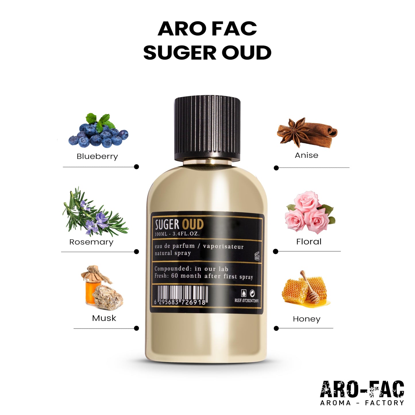 ARO FAC By AMD Perfumes Suger Oud Unisex Perfume - Classic Perfume for Men and Women - Long Lasting Men's and Women's Fragrances with Blend of Blueberry and Anise Eau de Parfum EDP 100ml
