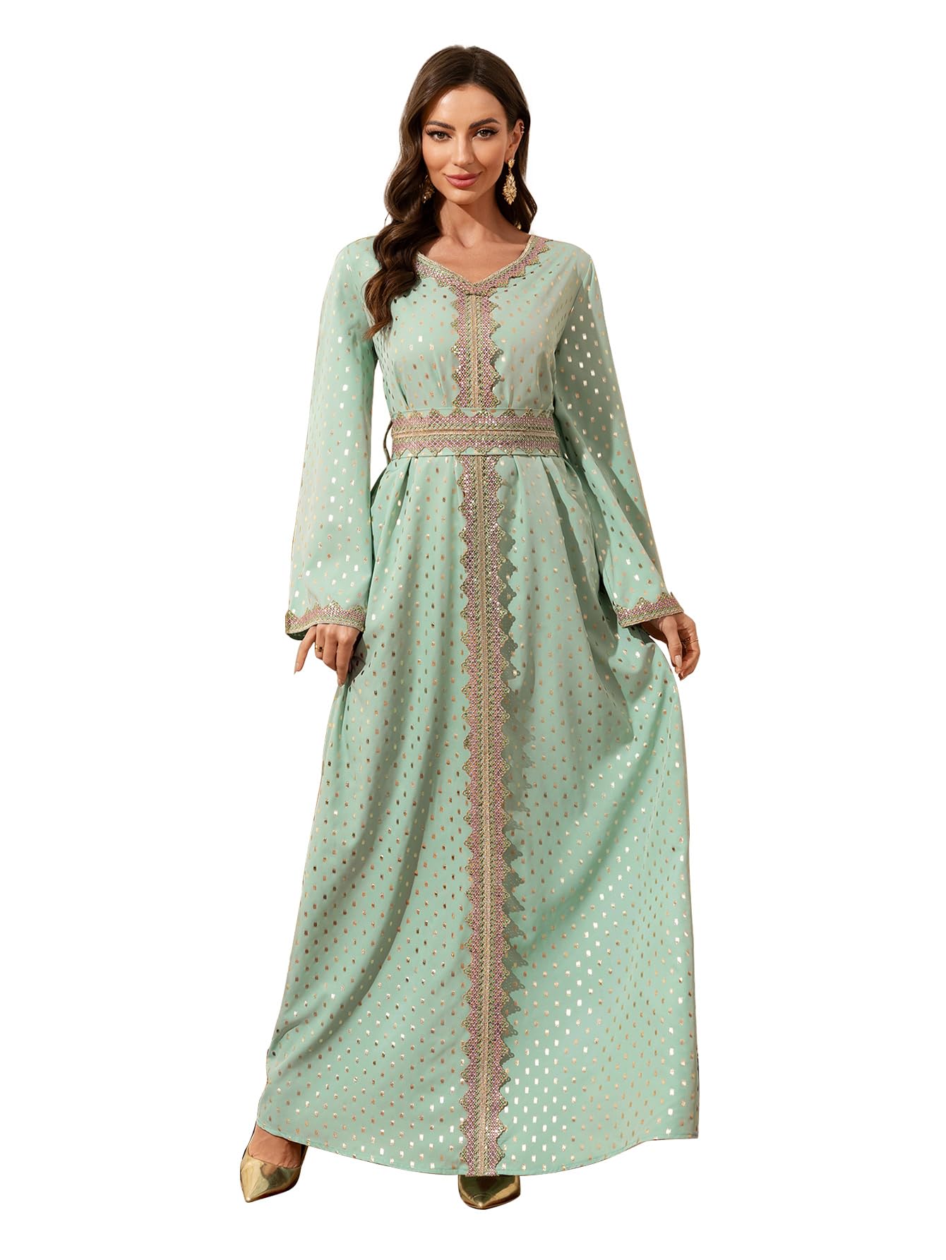 Elegant Long Maxi Dress, Mint Green with Gold Polka Dots, Embroidered Trim, Long Sleeves
