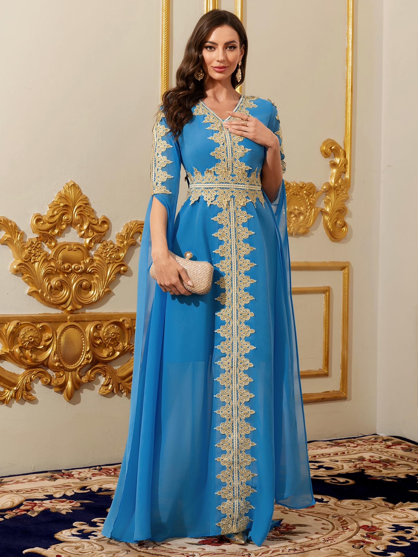Elegant Moroccan Kaftan Evening Dress, Blue with Gold Embroidery, Long Cape Sleeves, Floor Length