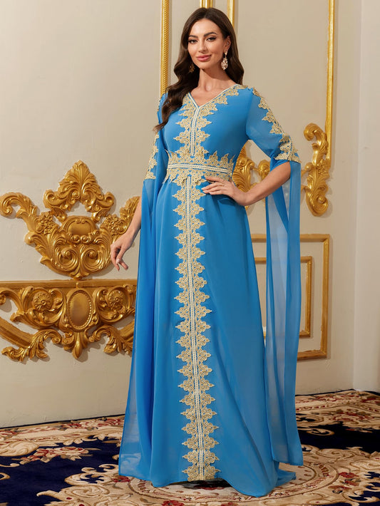 Elegant Moroccan Kaftan Evening Dress, Blue with Gold Embroidery, Long Cape Sleeves, Floor Length