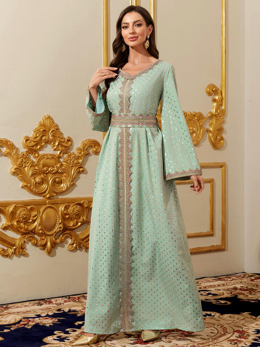 Elegant Long Maxi Dress, Mint Green with Gold Polka Dots, Embroidered Trim, Long Sleeves