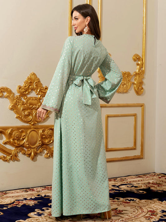 Elegant Long Maxi Dress, Mint Green with Gold Polka Dots, Embroidered Trim, Long Sleeves