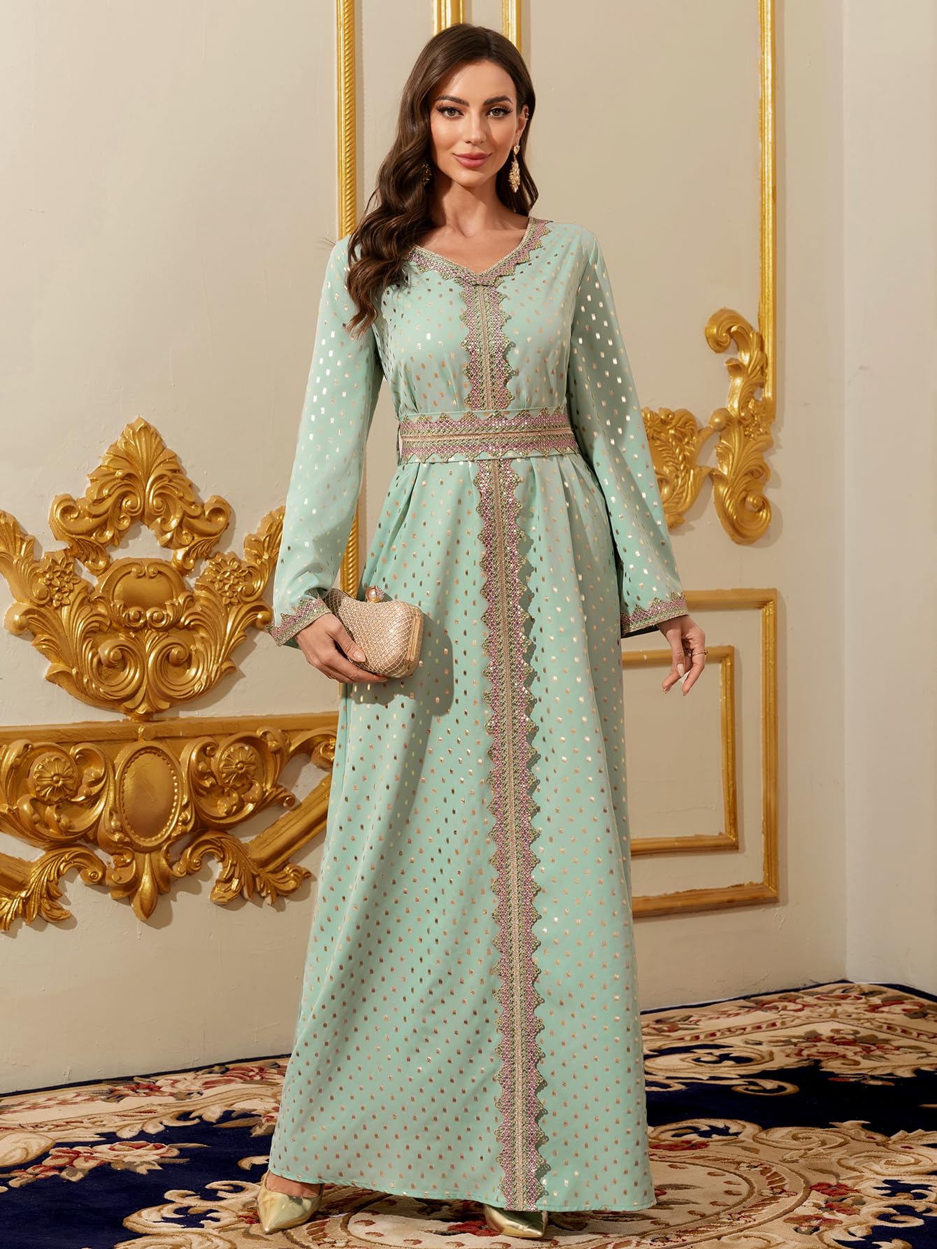 Elegant Long Maxi Dress, Mint Green with Gold Polka Dots, Embroidered Trim, Long Sleeves